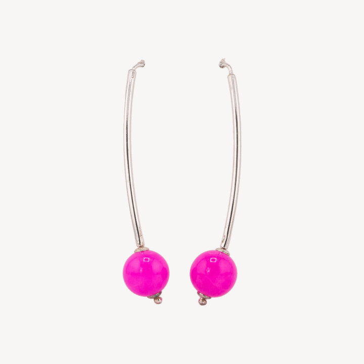 Orecchini Di Argento 925 Monachella Lunga Rodiato Con Giada Coreana Rosa Shocking 12x65mm