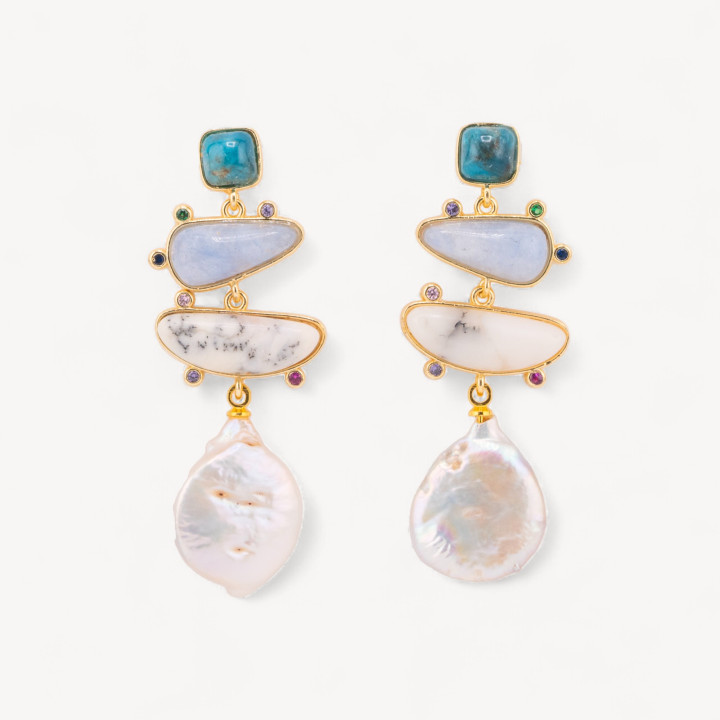 Orecchini In Bronzo Con Pietre Dure E Pendente Di Perle Barocche MOD3