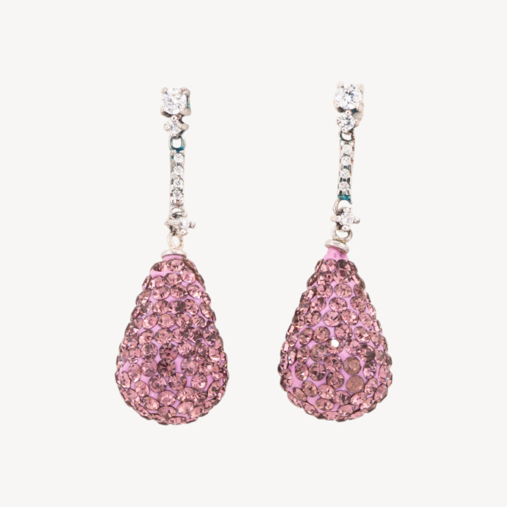 Orecchini A Perno Di Argento 925 Con Gocce In Strass E Ceramica Rosa 14x45mm