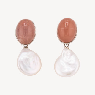 Orecchini Di Argento 925 Made in ITALY Cabochon Rosso Corallo con Perle di Fiume Piatte