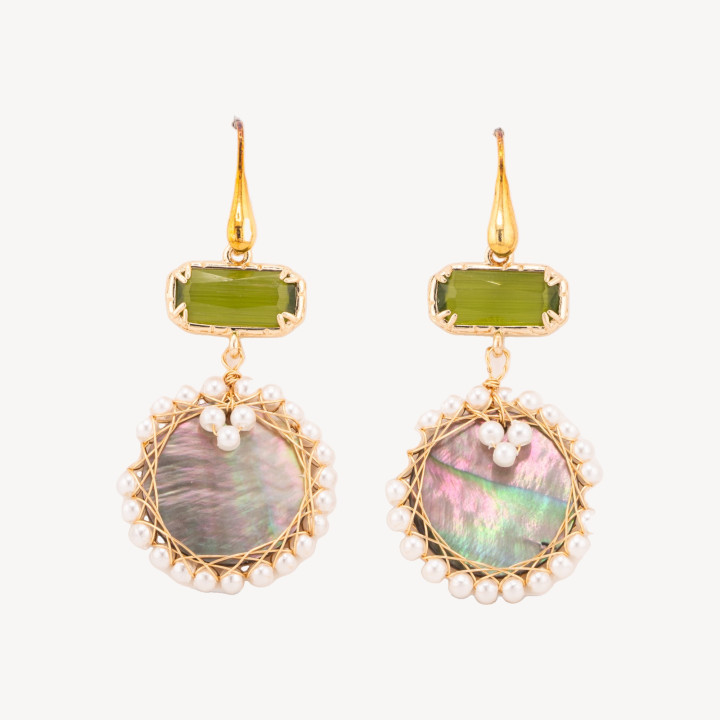 Orecchini A Perno Di Argento 925 Con Occhi Di Gatto Verde E Madreperla 26x65mm