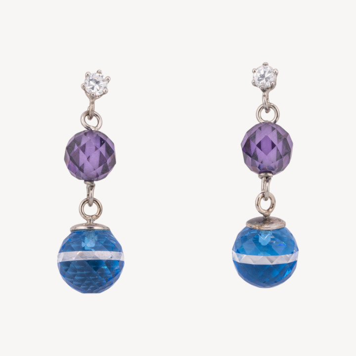 Orecchini A Perno Di Argento 925 Con Punto Luce e Zirconi Sfera Viola E Azzurro 10x33mm