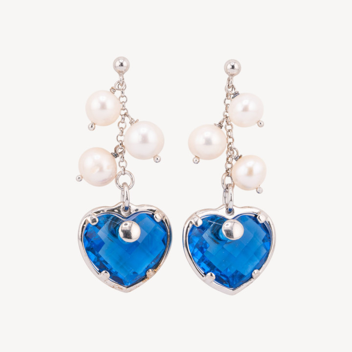 Orecchini A Perno Di Argento 925 Con Zirconi A Cuore E Perle Di Fiume 21x52mm