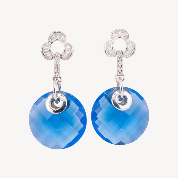Orecchini A Perno Di Argento 925 Con Zirconi E Pendente Tondo Blu Indaco 20x40mm