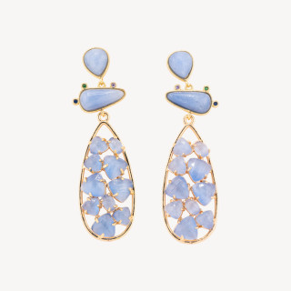 Orecchini In Bronzo Con Pietre Dure 21x65,5mm Calcedonio e Occhio di Gatto Celeste