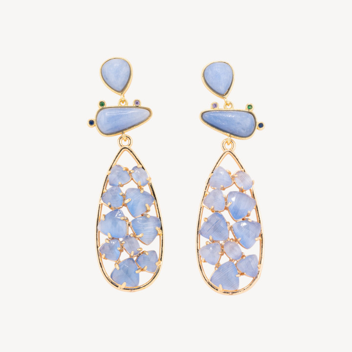 Orecchini In Bronzo Con Pietre Dure 21x65,5mm Calcedonio e Occhio di Gatto Celeste