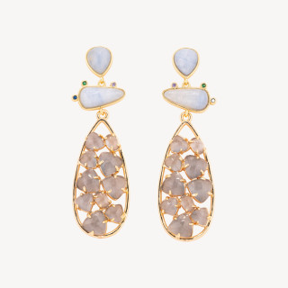 Orecchini In Bronzo Con Pietre Dure 21x65,5mm Calcedonio e Occhio di Gatto Grigio