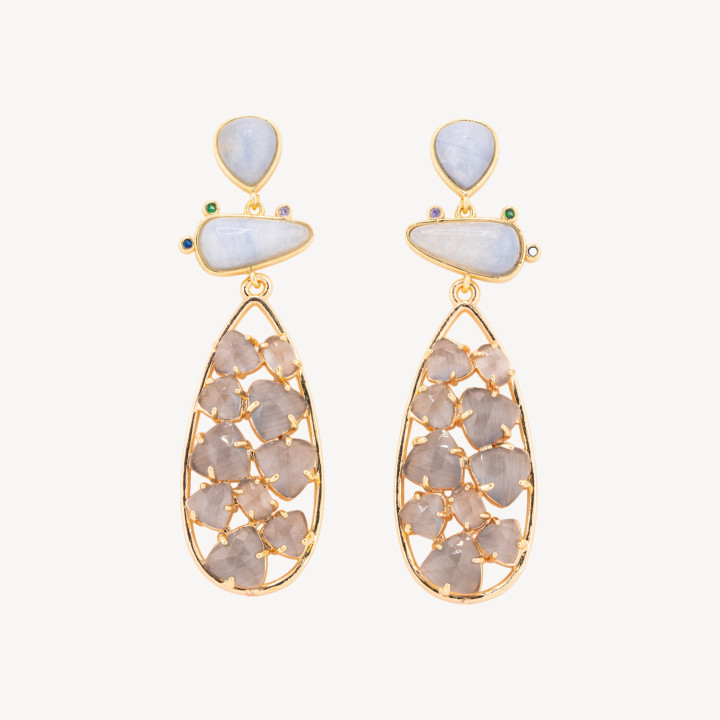 Orecchini In Bronzo Con Pietre Dure 21x65,5mm Calcedonio e Occhio di Gatto Grigio