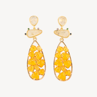 Orecchini In Bronzo Con Pietre Dure 21x65,5mm Prenite e Occhio di Gatto Giallo