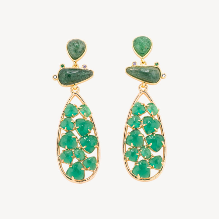 Orecchini In Bronzo Con Pietre Dure 21x65,5mm Quarzo Fragola Verde e Occhio di Gatto Verde