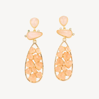 Orecchini In Bronzo Con Pietre Dure 21x65,5mm Quarzo Rosa e Occhio di Gatto Arancione