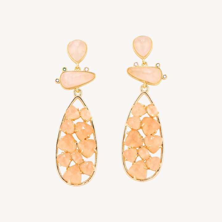 Orecchini In Bronzo Con Pietre Dure 21x65,5mm Quarzo Rosa e Occhio di Gatto Arancione