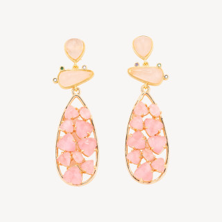 Orecchini In Bronzo Con Pietre Dure 21x65,5mm Quarzo Rosa e Occhio di Gatto Rosa