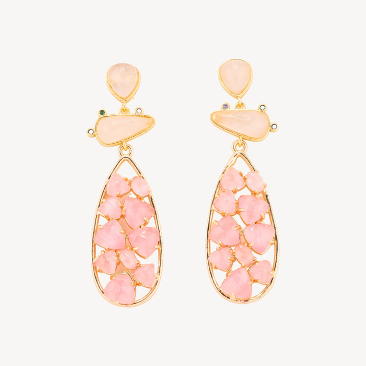 Orecchini In Bronzo Con Pietre Dure 21x65,5mm Quarzo Rosa e Occhio di Gatto Rosa