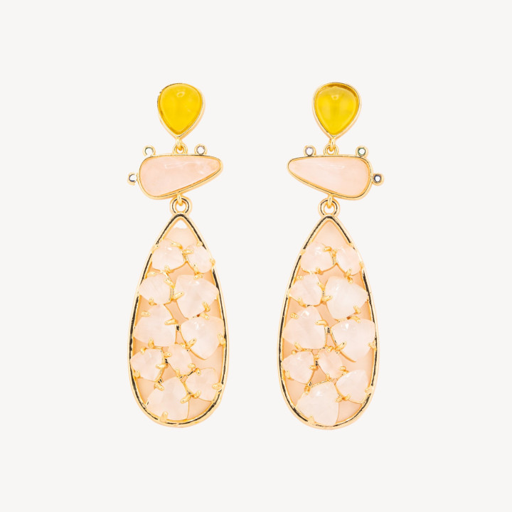 Orecchini In Bronzo Con Pietre Dure 21x65,5mm Topazio e Occhio di Gatto Rosa