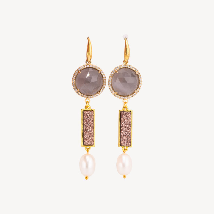 Orecchini Perno Di Argento 925 Con Occhio Di Gatto E Druzi Con Perle Di Fiume 20x80mm