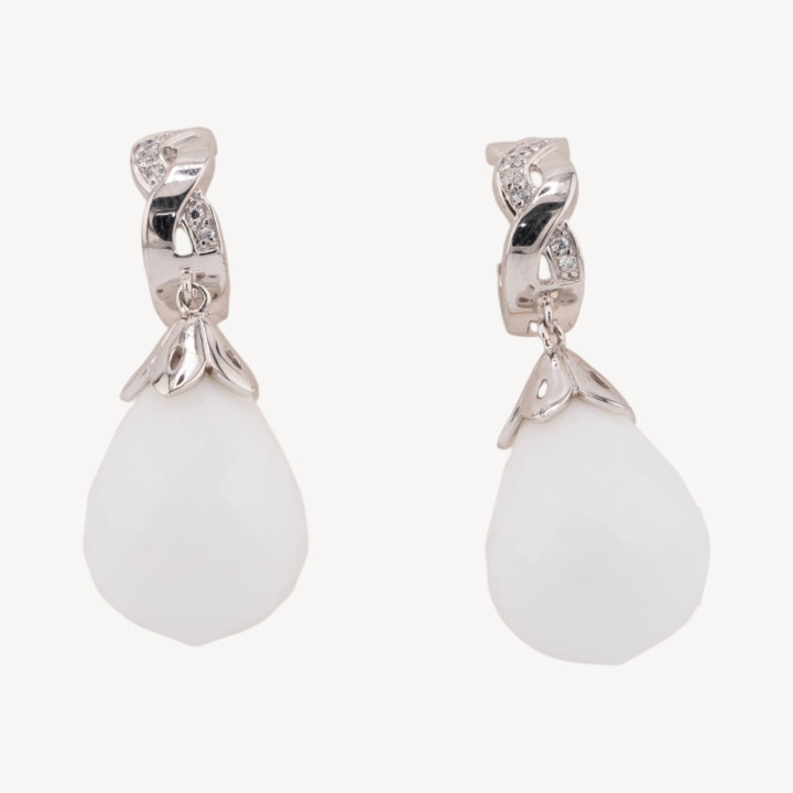 Orecchini A Monachella Chiusa Di Argento 925 Con Zirconi E Agata Bianca Goccia Sfaccettata 16x38mm