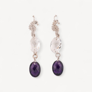 Orecchini A Monachella Di Argento 925 Cavalluccio Marino Con Zirconi Ovali Bianco E Viola 10x56mm