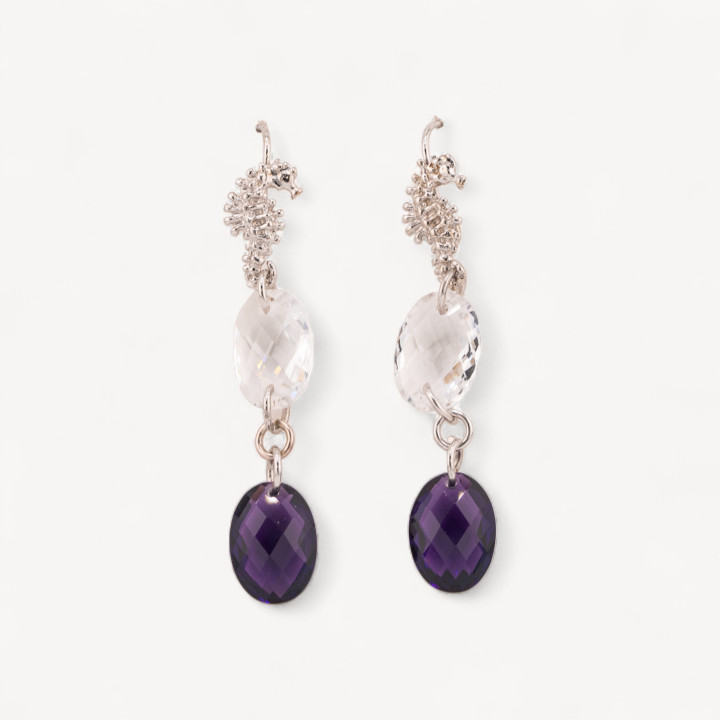 Orecchini A Monachella Di Argento 925 Cavalluccio Marino Con Zirconi Ovali Bianco E Viola 10x56mm