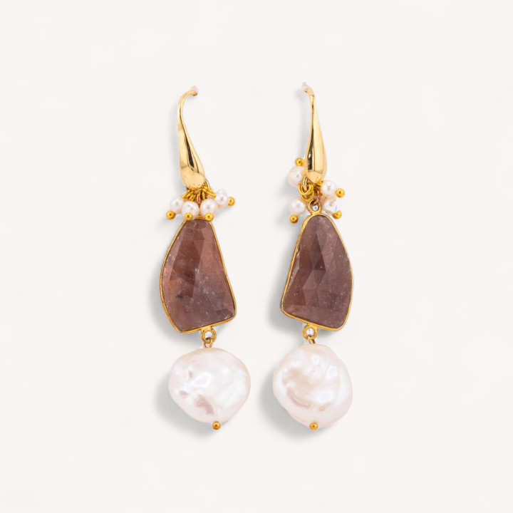 Orecchini A Monachella Di Argento 925 Con Pietre Dure E Perle Naturali 20x60mm Dorato