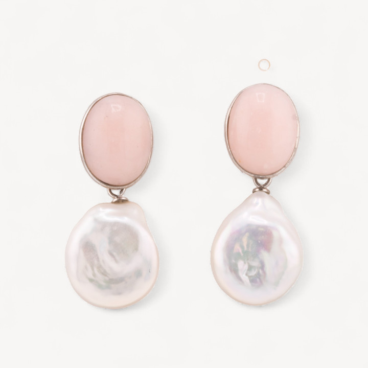 Orecchini Di Argento 925 Made in ITALY Cabochon Rosa con Perle di Fiume Piatte