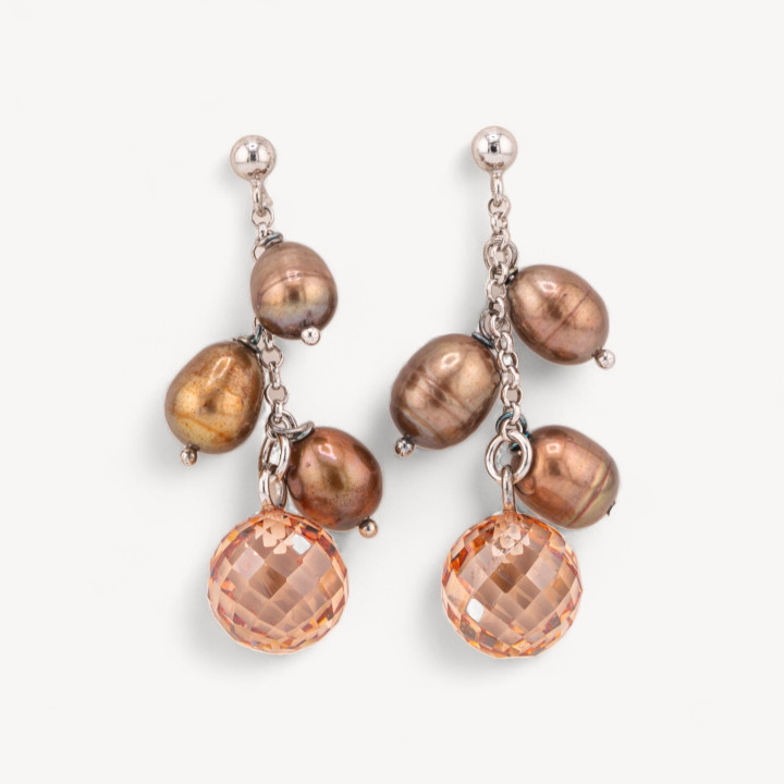 Ciondolo Pendente Di Argento 925 Con Zirconi E Perle Di Fiume Tondo 23mm