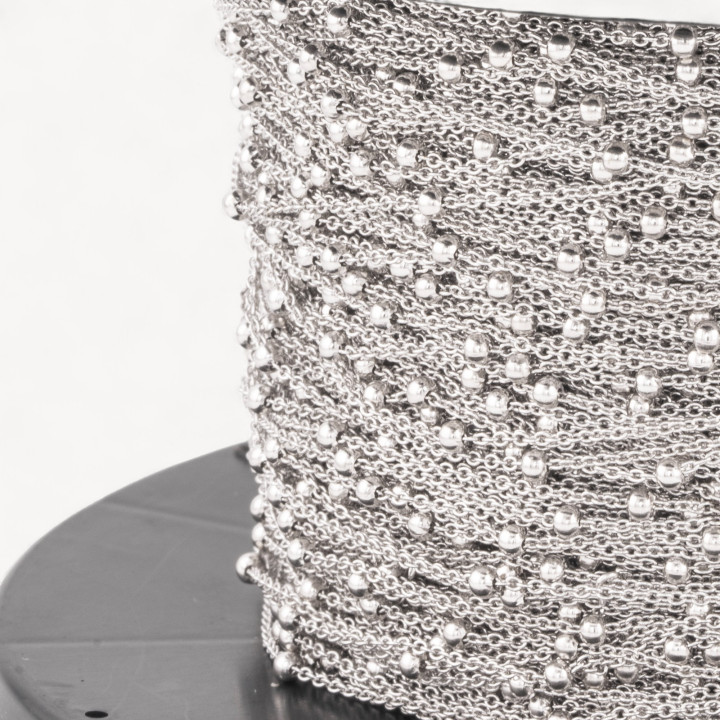 Catena A Metraggio Di Argento 925 Forzatina da 1,2mm e Intervallo da 2,5cm con Palline 2,5mm 1 Metro Rodiato