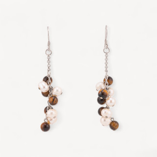 Orecchini A Monachella Di Argento 925 Con Perle Di Fiume 16x66mm Occhio Di Tigre