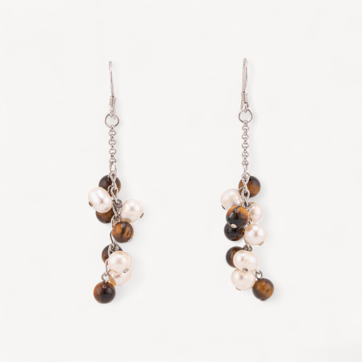 Orecchini A Monachella Di Argento 925 Con Perle Di Fiume 16x66mm Occhio Di Tigre