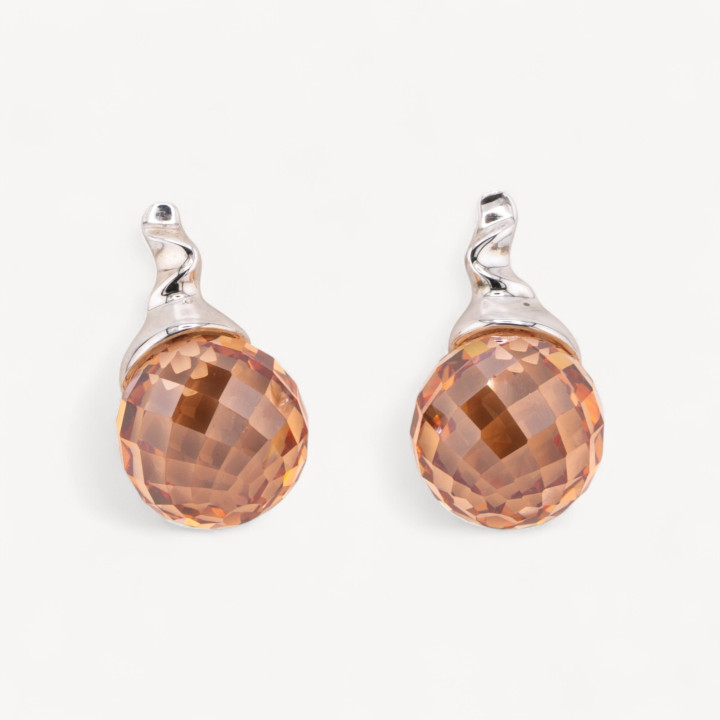 Orecchini A Perno Di Argento 925 Con Sfera Di Zirconi Champagne 12x22mm