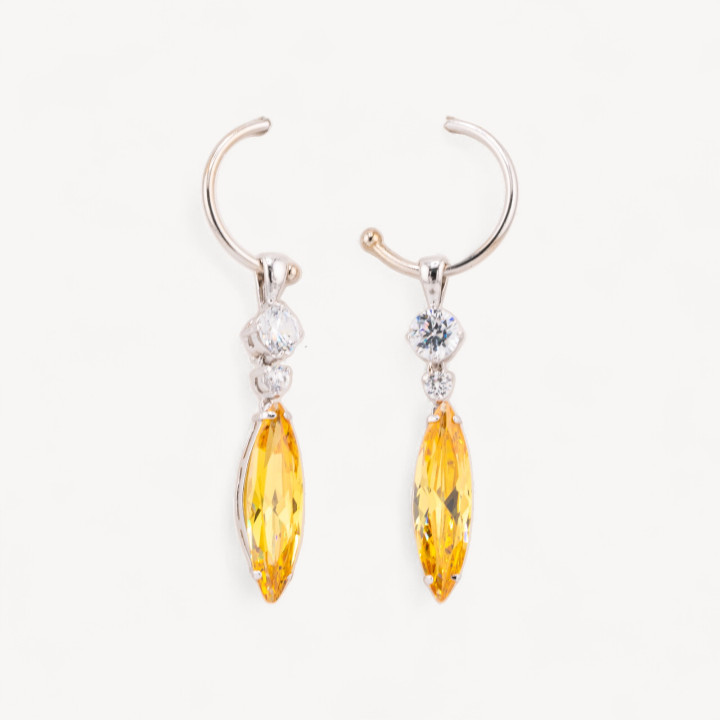 Orecchini A Perno Di Argento 925 Semi Cerchio Con Pendenti Di Zirconi Riso Bianco E Ambra 7x57mm