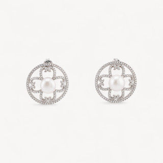 Orecchini Di Argento 925 A Perno Con Zirconi E Perle Di Fiume Tondo 23mm 1 Paio