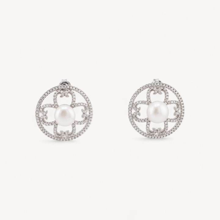 Orecchini Di Argento 925 A Perno Con Zirconi E Perle Di Fiume Tondo 23mm 1 Paio