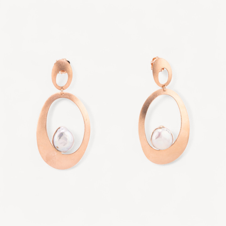 Orecchini Di Argento 925 Made in ITALY Con Perle Di Fiume Ovale Oro Rosa