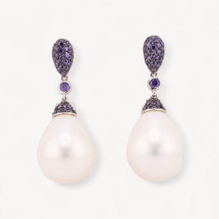 Orecchini Perno Chiuso Di Argento 925 Con Perle Di Maiorca e Zirconi 17x43mm