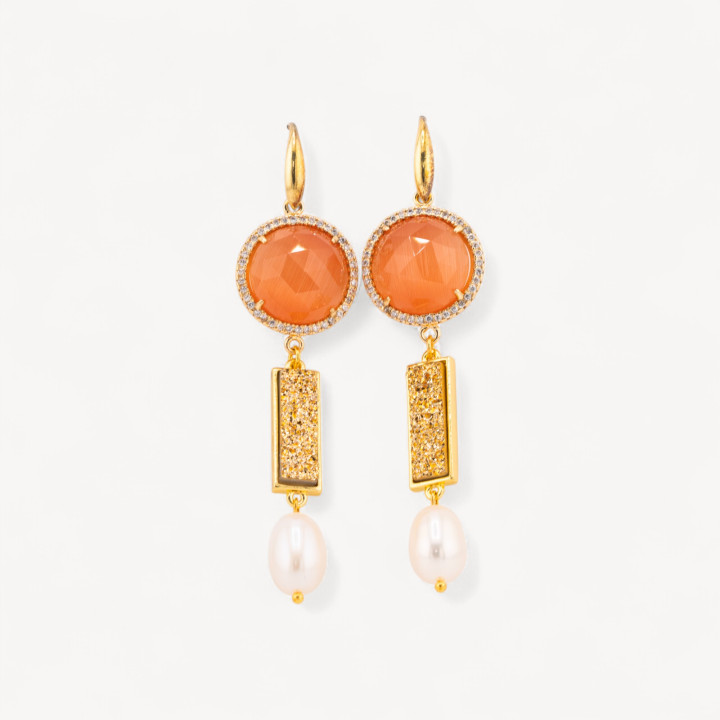 Orecchini Perno Di Argento 925 Con Occhio Di Gatto E Druzi Con Perle Di Fiume 20x80mm Arancione