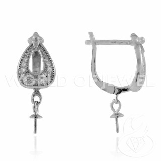 Base For Earrings Of 925 Silver With Zircons Closed Stud Drop 08x22mm 2 Pairs Rhodium Plated
