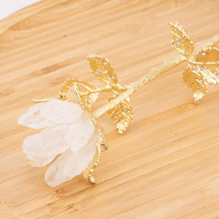 Fiore Preziose Artigianale Con Quarzo Naturale e Dettagli Dorati Cristallo Di Rocca