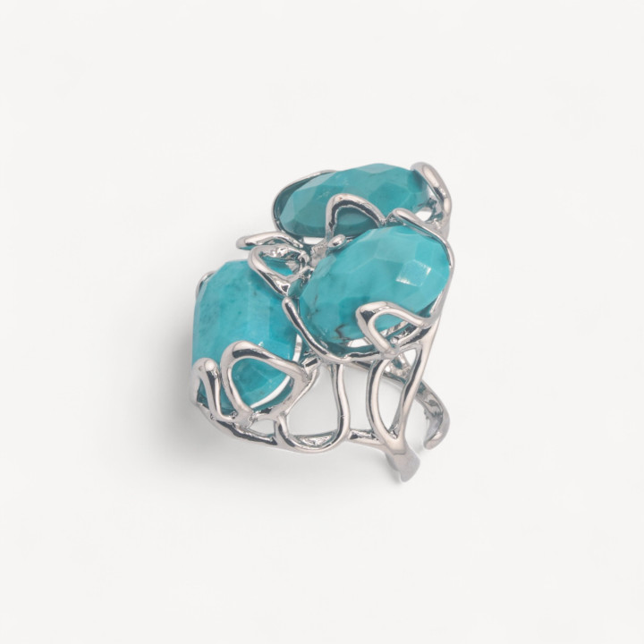 Anello Regolabile in Bronzo Rodiato Collezione AURORA con Pietre Dure Turchesite| Gioiello Artigianale Donna 32x36mm