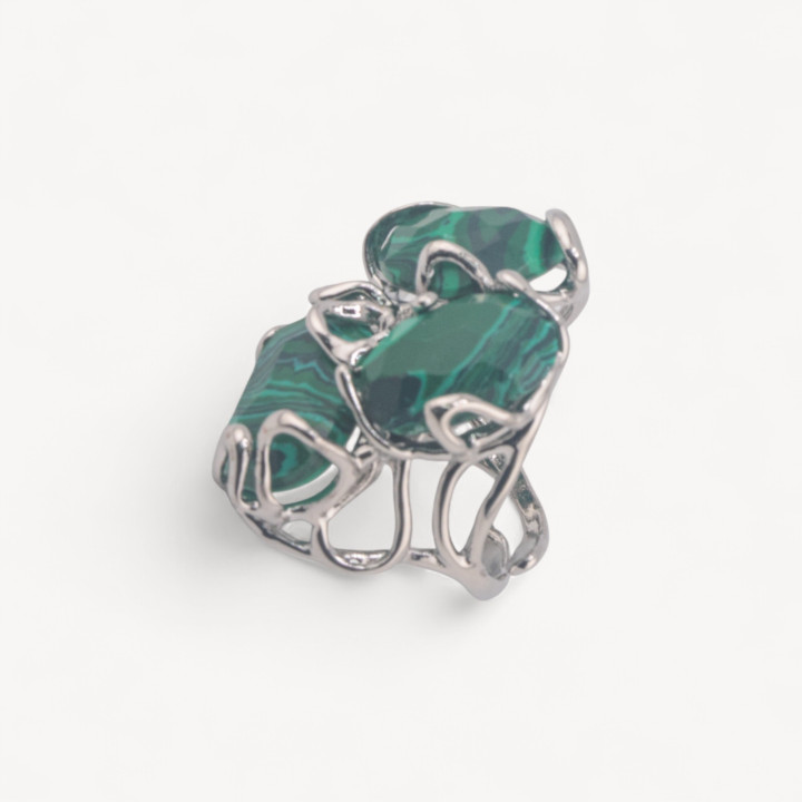 Anello Regolabile in Bronzo Rodiato Collezione AURORA con Pietre Dure Pasta Di Malachite| Gioiello Artigianale Donna 32x36mm