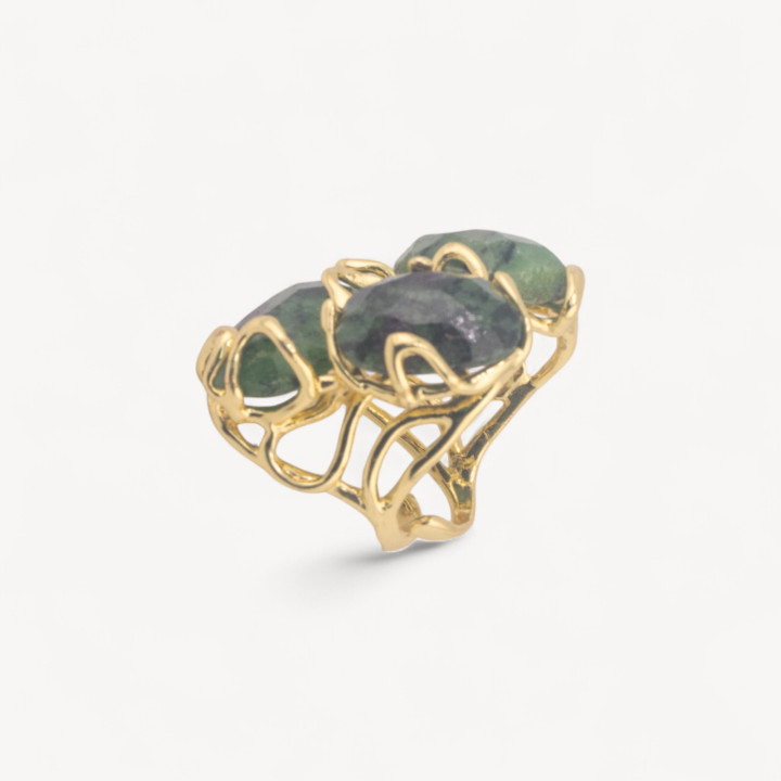 Anello Regolabile in Bronzo Dorato Collezione AURORA con Pietre Dure   Zoisite | Gioiello Artigianale Donna 32x36mm