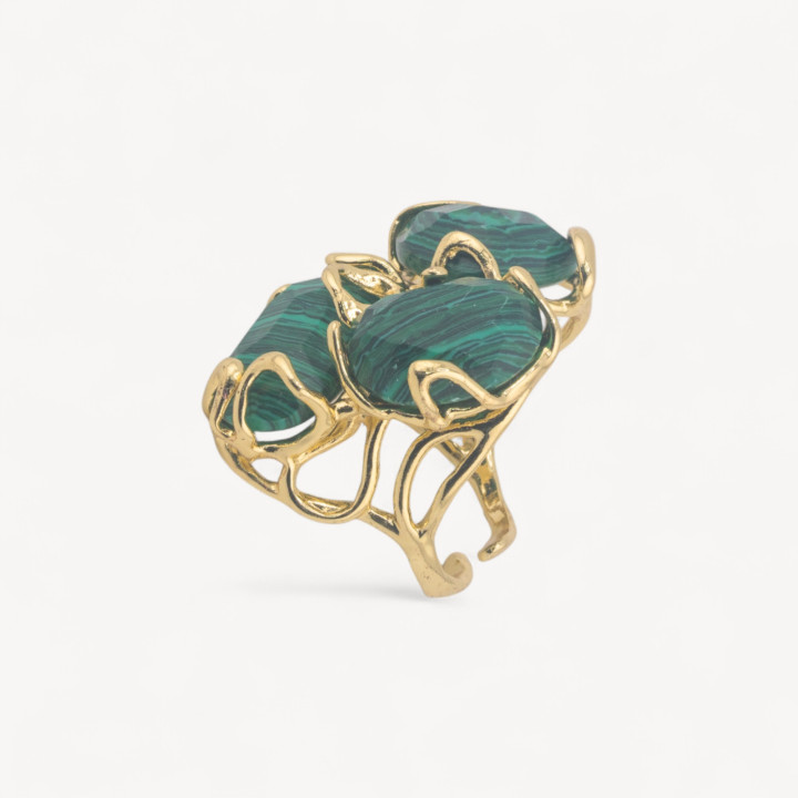 Anello Regolabile in Bronzo Dorato Collezione AURORA con Pietre Dure   Pasta Di Malachite | Gioiello Artigianale Donna 32x36mm