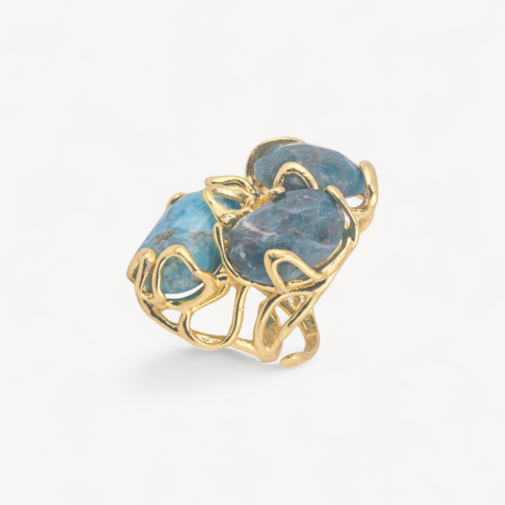 Anello Regolabile in Bronzo Dorato Collezione AURORA con Pietre Dure   Apatite Chiaro | Gioiello Artigianale Donna 32x36mm