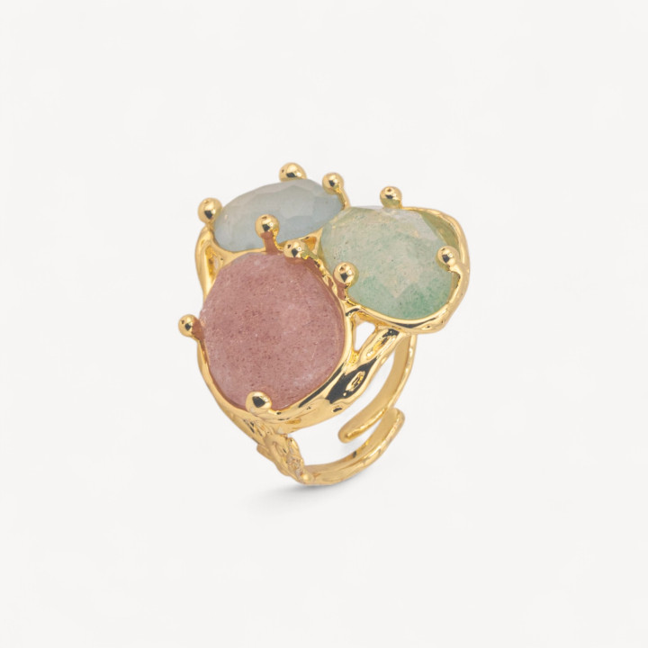 Anello Di Bronzo Collezione AURORA Con 3 Pietre Naturali 27x34mm Disegno Floreale Misura Regolabile Dorato Mix3