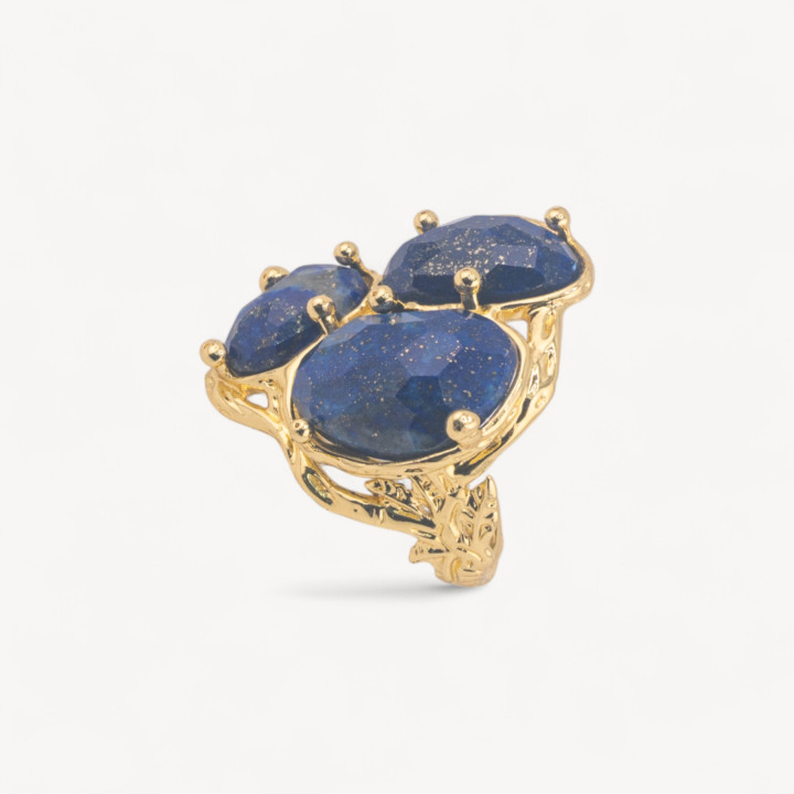 Anello Di Bronzo Collezione AURORA Con 3 Pietre Naturali 27x34mm Disegno Floreale Misura Regolabile Dorato Lapislazzuli