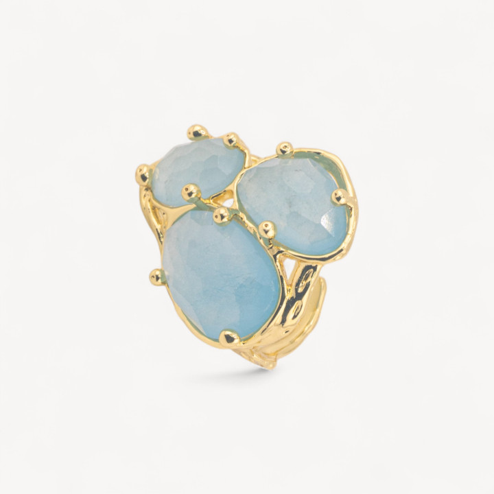 Anello Di Bronzo Collezione AURORA Con 3 Pietre Naturali 27x34mm Disegno Floreale Misura Regolabile Dorato Giada Celeste Chiaro