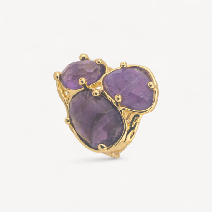 Anello Di Bronzo Collezione AURORA Con 3 Pietre Naturali 27x34mm Disegno Floreale Misura Regolabile Dorato Ametista