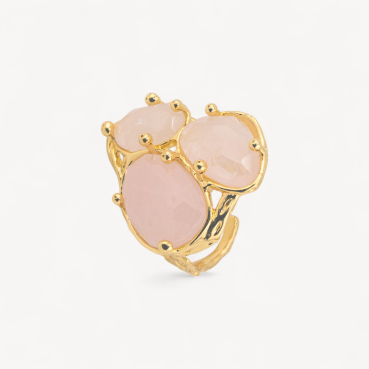 Anello Di Bronzo Collezione AURORA Con 3 Pietre Naturali 27x34mm Disegno Floreale Misura Regolabile Dorato Quarzo Rosa