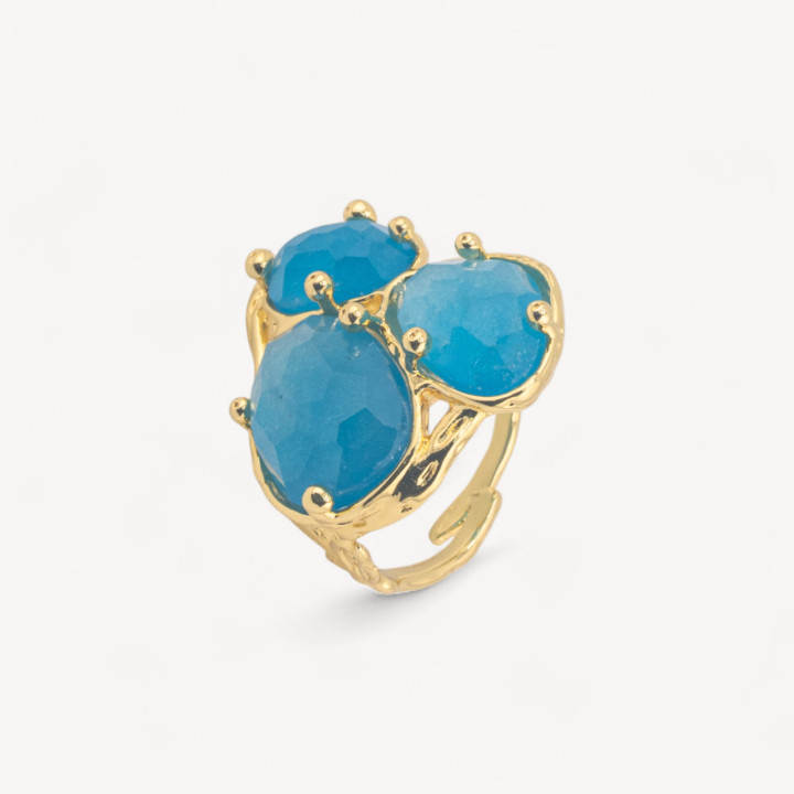 Anello Di Bronzo Collezione AURORA Con 3 Pietre Naturali 27x34mm Disegno Floreale Misura Regolabile Dorato Giada Celeste