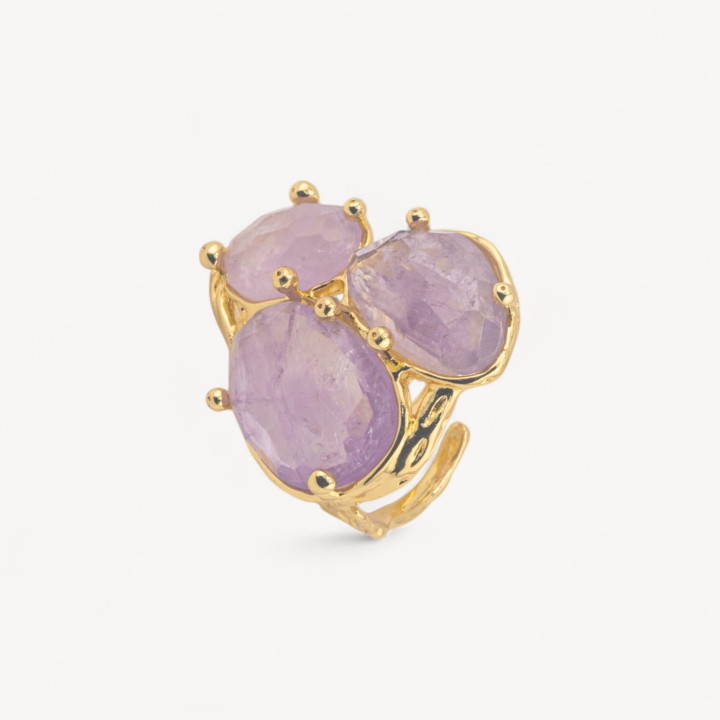 Anello Di Bronzo Collezione AURORA Con 3 Pietre Naturali 27x34mm Disegno Floreale Misura Regolabile Dorato Ametista Lavanda
